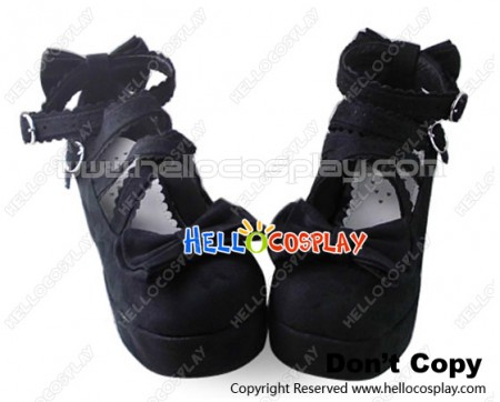 Princess Lolita Shoes Platform Black Suede Ankle Straps Lace Buckles Bows