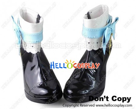 Punk Lolita Short Boots Black Mirror White Lace Metal Chain Decoration Blue Ankle Strap Bow