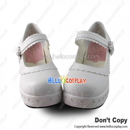 Lolita Shoes Sweet White Matte Heart Shaped Ruffle Platform Instep Strap