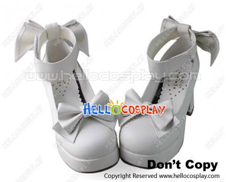 Princess Lolita Shoes White Matte Chunky Wide Ankle Strap Bows