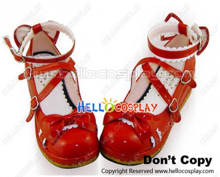 Red White Heart Shaped Buckles Platform Princess Lolita Shoes