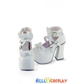 White Ankle Strap Lace Bow Crisscross High Platform Lolita Shoes