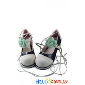 Black White Crossing Strap Green Flower Chunky Sweet Lolita Shoe