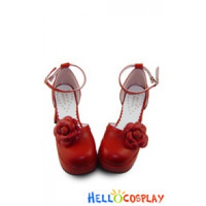 Red Alice Flower Ankle Strap Chunky Sweet Lolita Shoes