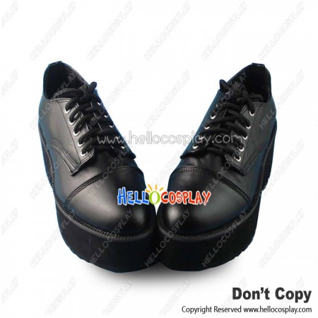 Punk Lolita Shoes Matte Black T-Shoelace Non-Slip Bottom Wedge Heel