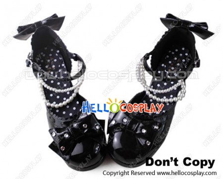 Lolita Shoes Sweet Black Mirror Mermaid Princess Pearl Lace Bows