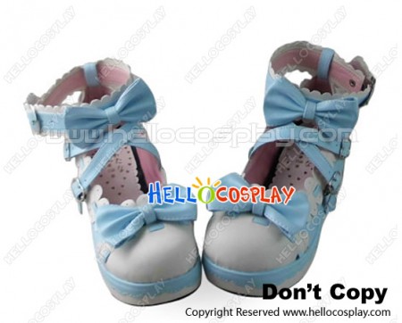 Sweet Lolita Shoes Platform Blue White Lace Straps Bows Ruffle