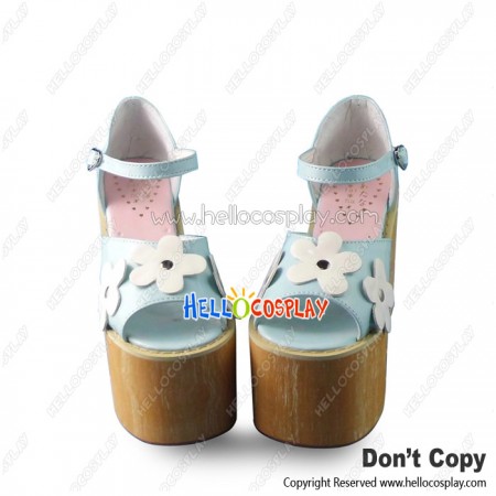 Princess Lolita Mirror Blue With White Daisies High Platform Ankle Strap Sandals