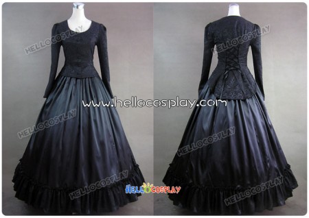 Civil War Victorian Brocaded Ball Gown Black Dress