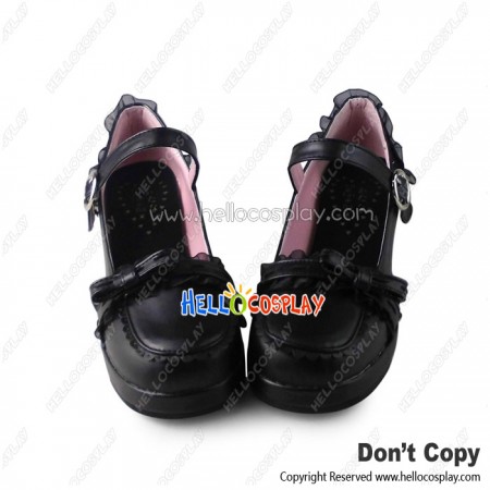 Sweet Lolita Shoes Black Chunky Instep Strap Lacing Bow Round Buckle