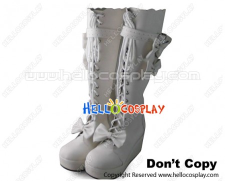 Lolita Boots White Matte Lace Up Bows Leg Strap Buckle Wedge