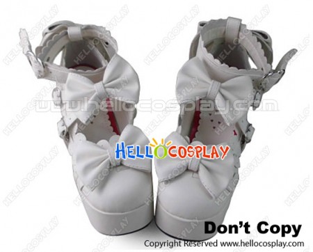 Princess Lolita Shoes White High Chunky Crossing Ankle Straps Bows Heart Shaped Buckles