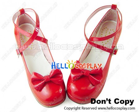 Mirror Red Bow Ruffle Lovely Chunky Princess Lolita Shoes