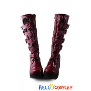 Punk Lolita Boots Mirror Wine Red Straps Cross Square Buckles Chunky Lace Up