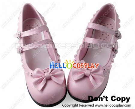Princess Lolita Shoes Pink Matte Chunky Double Straps Heart Shaped Buckles Bows