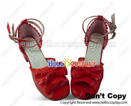 Mirror Red Open Toe Satin Ruffle Chunky Princess Lolita Shoes