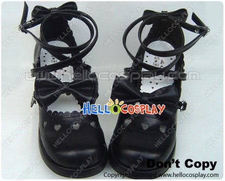 Matte Black Bow Crossing Straps Chunky Princess Lolita Shoes