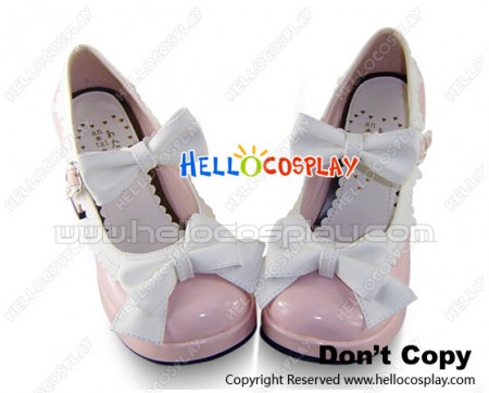 Pink White Instep Strap Bows Chunky Princess Lolita Shoes