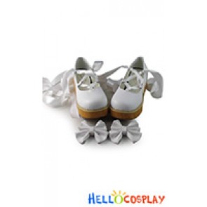 Princess Lolita Shoes White Ballet Wood Grain Bottom Long Ribbon Bow
