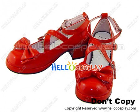 Mirror Red Ruffle Bow Straps Chunky Princess Lolita Shoes