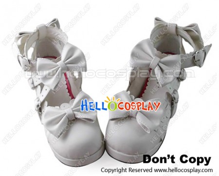 Princess Lolita Shoes Chunky White Heart Shaped Buckles Wide Ankle Strap Bows