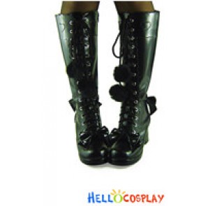 Matte Black Bows Shoelace Ruffle Chunky Princess Lolita Boots