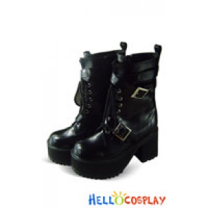Black Buckles Lace Up Platform Calf Length Lolita Boots