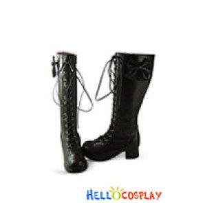 Deep Brown Bows Lace Up Ruffle Chunky Princess Lolita Boots