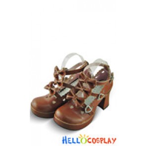 Light Brown Three Bows Straps Chunky Princess Lolita Shoes