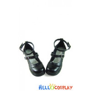 Matte Black Back Ruffle Strap Chunky Princess Lolita Shoes