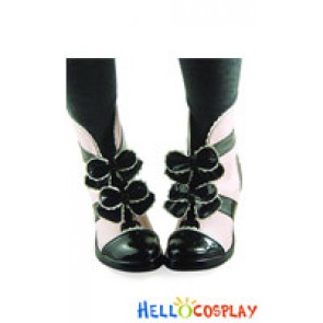 Pink And Black Mirror Bows Ruffle Chunky Sweet Lolita Shoes