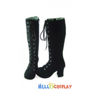 Black Suede Zipper And Lace Chunky Punk Lolita Boots