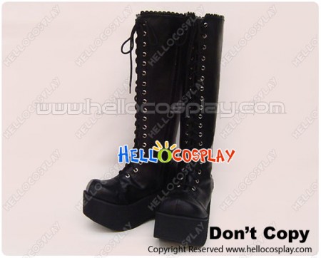 Black Lace And Zipper Ruffle Plateforme Punk Lolita Long Boots