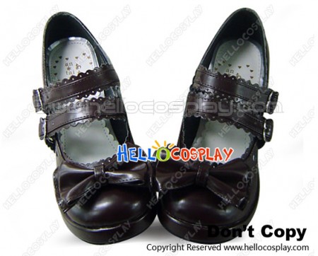 Brown Bow Ruffle Double Straps Chunky Princess Lolita Shoes