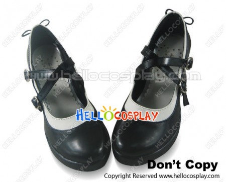 Black White Crossing Straps Chunky Princess Lolita Shoes