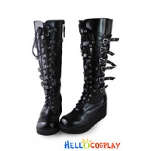 Punk Lolita Boots Leg Straps Heart Shaped Buckles Rivet Lace Up Wedge Heel