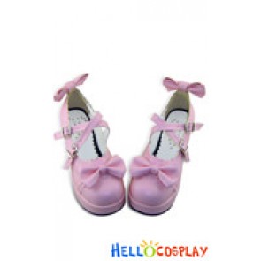 Cute Pink PU Leather Bow Lace Chunky Heel Lolita Shoes