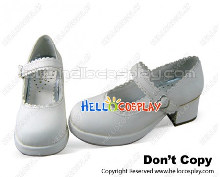 White Single Ruffle Strap Chunky Princess Lolita Shoes