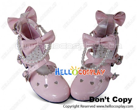 Pink Crossing Straps Pearl Chain Scalloped Lolita Shoes