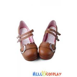Princess Lolita Shoes Chunky Light Brown Double Straps Heart Shaped Buckles