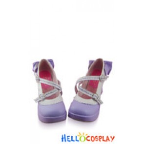 Purple White Back Bow Ruffle Strap Chunky Princess Lolita Shoes