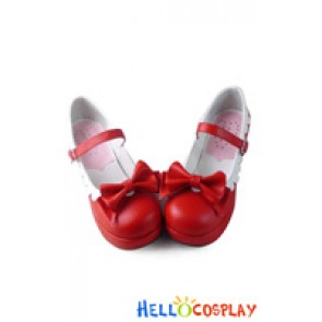 Lolita Shoes Red Matte White Lace Chunky Single Strap Sweet Bow