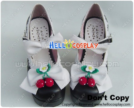 Black White Strawberries Bows Chunky Princess Lolita Shoes