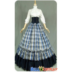 Victorian Gothic Ball Gown Reenactment Stage Punk Blue Tartan Lolita Dress Costume