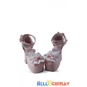 Mirror Pink White Ruffle Flower Bow Chunky Princess Lolita Shoes