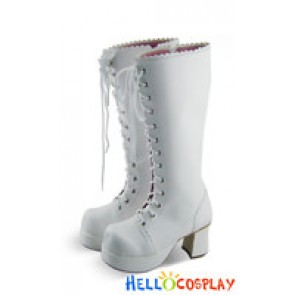 White Lace And Zipper Ruffle Chunky Punk Lolita Boots