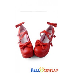 Sweet Lolita Shoes Red Matte Chunky Crossing Straps Lace Bows