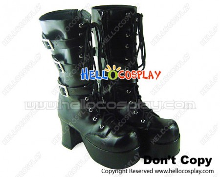 Matte Black Buckle Straps Lace Up Chunky Punk Lolita Boots