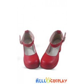 Matt Red Ankle Buckle Strap Chunky Princess Lolita Shoes