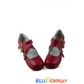 Matte Wine Red Instep Straps Chunky Punk Lolita Shoes